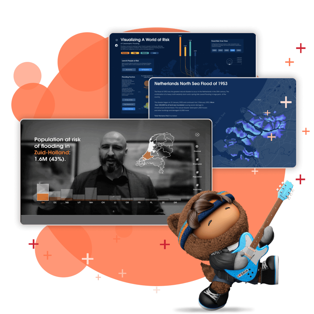 Three Tableau data visualisations, including Gestures (viz overlaid on video footage), paired with Data Rockstar Astro