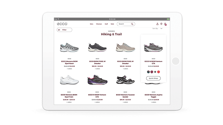 ecco mobile shopping experience, displayed in a tablet