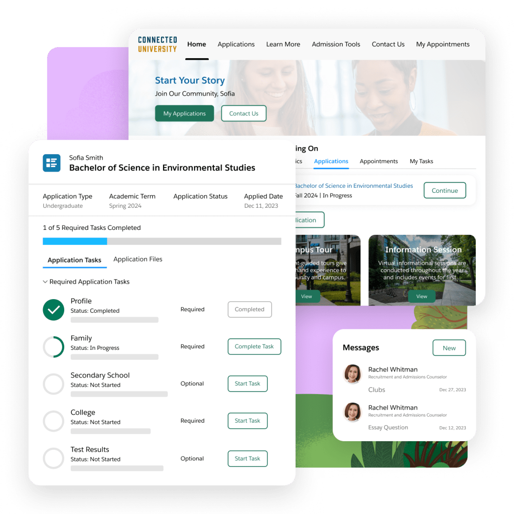 An applicant portal with one place for applicants to see outstanding tasks, connect with counselors and more.