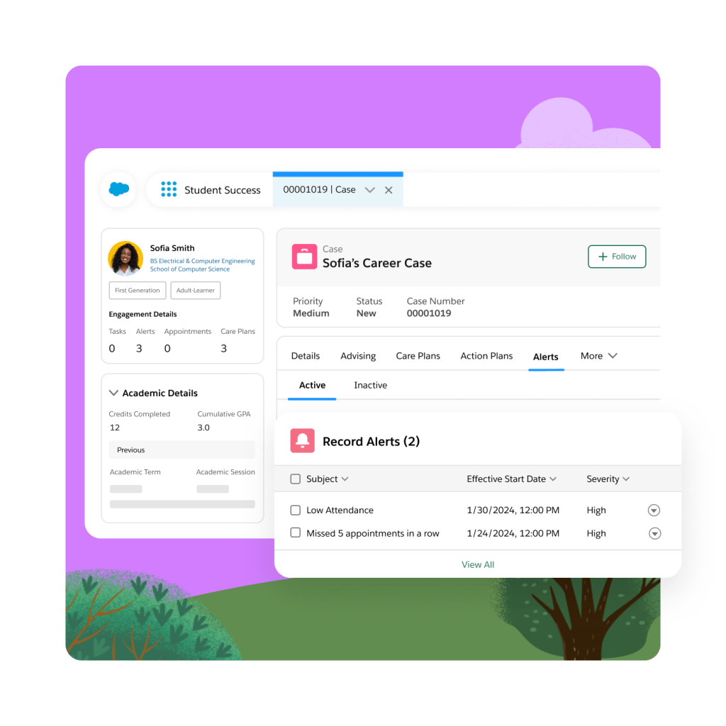 A student portal with case engagement details such as the course, GPA, the number of care plans and record alerts.