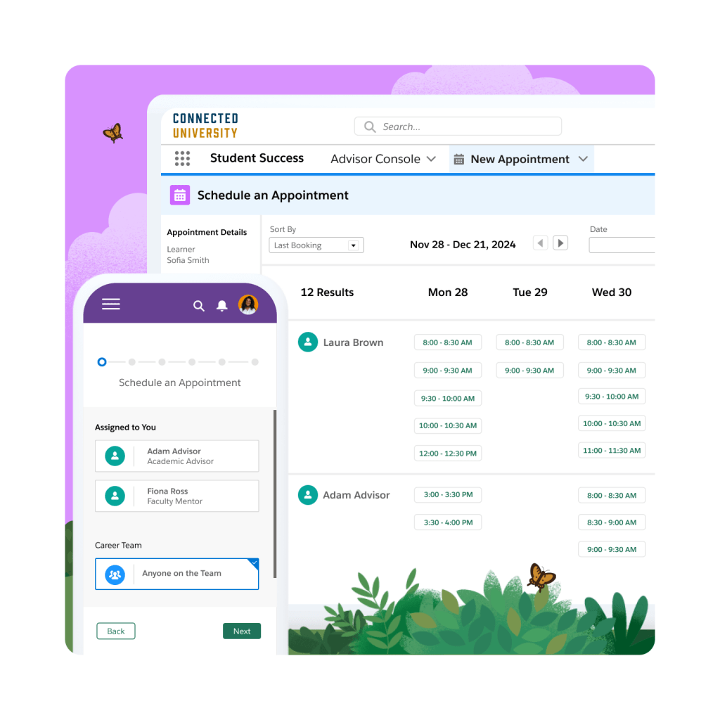 A console with a scheduling tool to fix appointments and details on the assigned advisors.