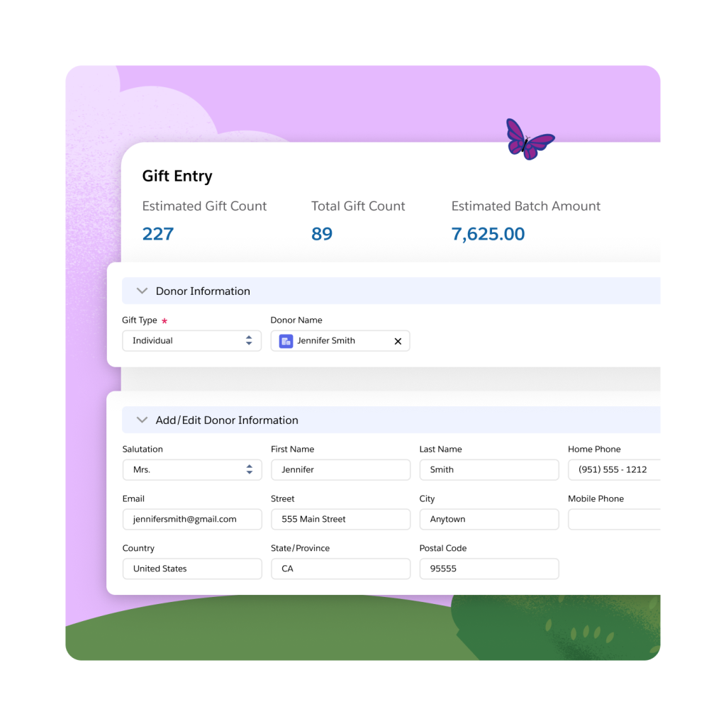 A portal with gift entry data such as total gift count and individual donor details and an option to add/edit donors.