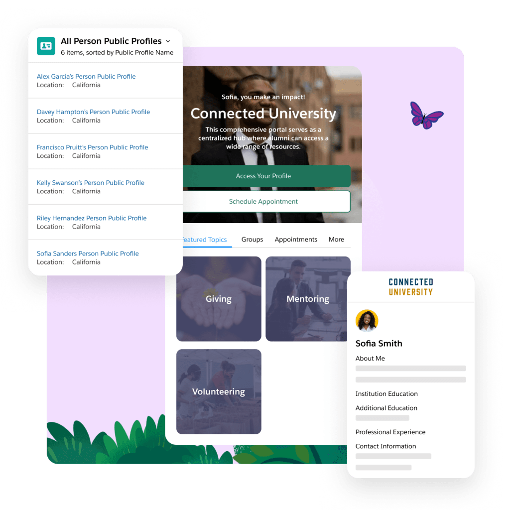 An alumni engagement portal with university branding, links to public profiles and an 'About Me' section.