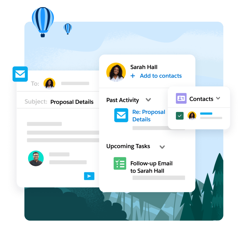 A dashboard displays an activity timeline based on information pulled from emails.