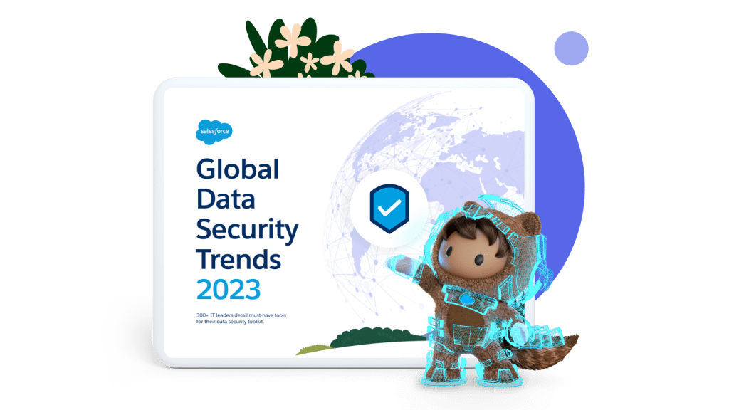 The Global Data Security Trends 2023 page with Astro wearing blue armor and pointing at the security logo. 