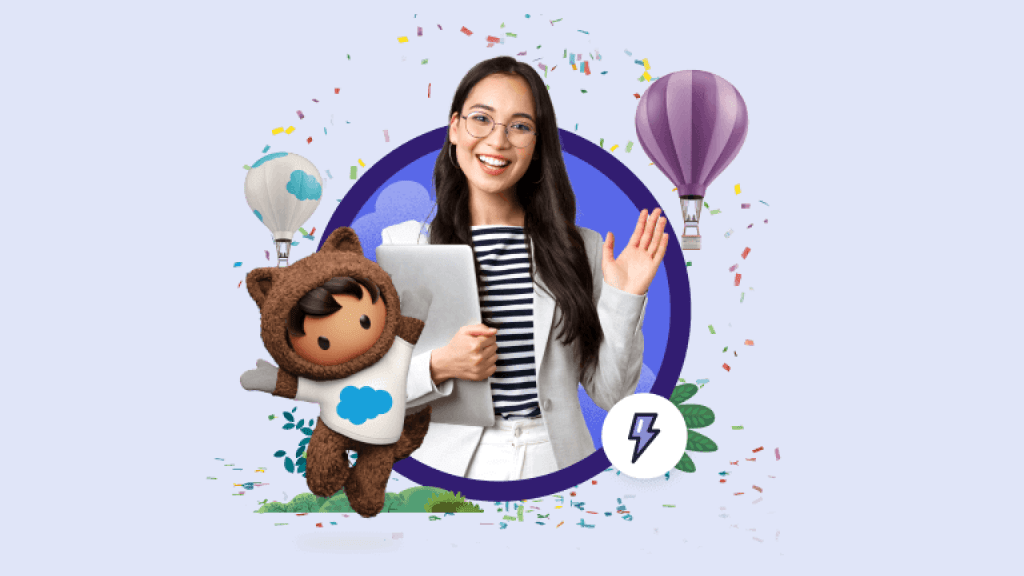 A woman holding a laptop waving, with Astro in front. The Einstein 1 Platform logo is shown.
