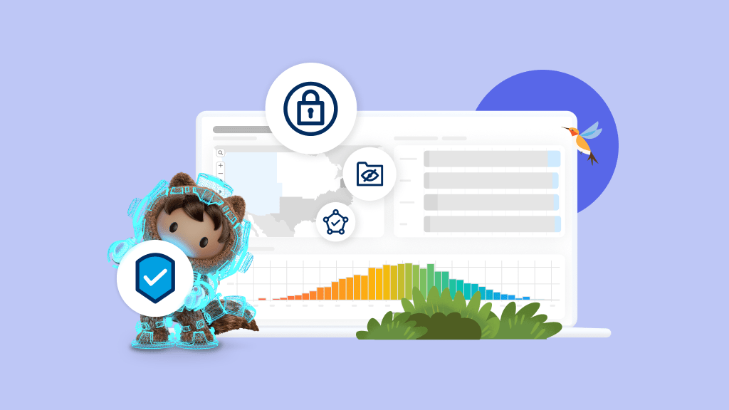 Astro wearing blue armor and holding the security logo. Bushes and a webpage in the background. 