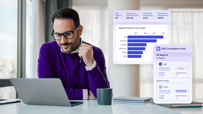 A man accesses the ESG compliance hub in Net Zero Cloud.