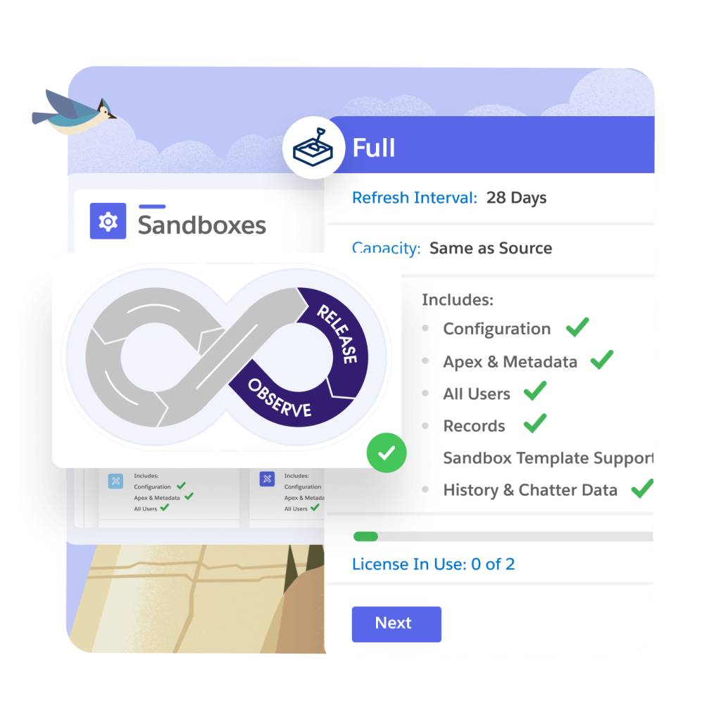 Full product page showing that it includes Configuration, Apex & Metadata, All Users, Records, Sandbox Template Support and History & Chatter Data. The release and observe phase is highlighted. Desert mountains and a blue bird flying overhead. 
