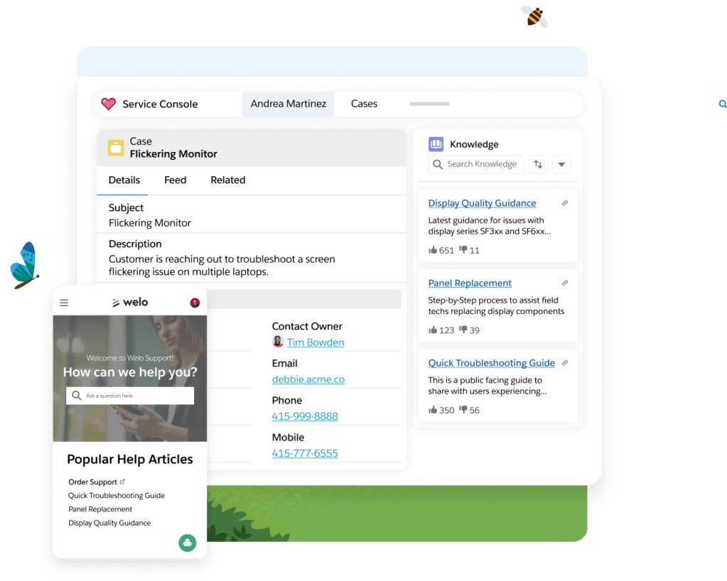 A Salesforce knowledge management dashboard depicting answers for multiple topics such as for how one can return bulky items.