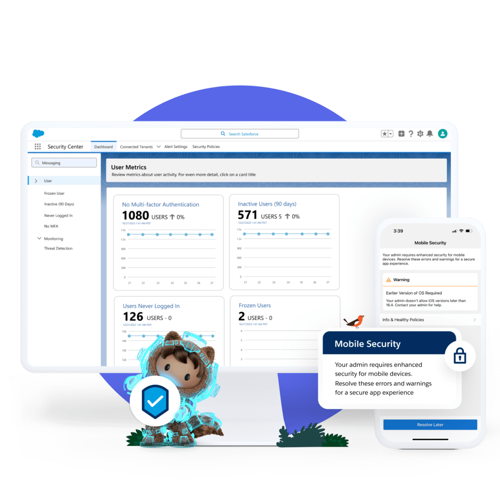 The Security Centre open on a desktop showing user metrics. A mobile phone showing a mobile security notification is. Astro standing in front, wearing blue armour and holding a security logo.