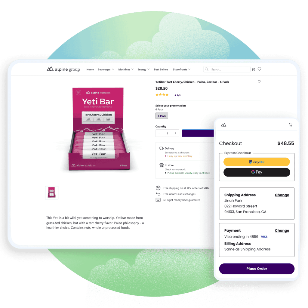 Document builder window with a Pay Now button being dragged-and-dropped on screen. To the left: Service Appointment pop-out window with the Send Payment Link tab accentuated.