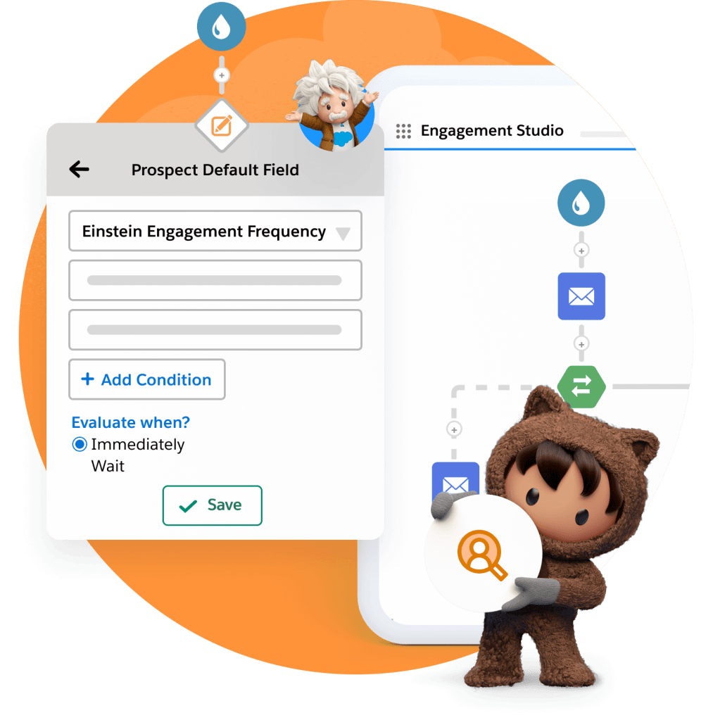 Astro holds a Marketing icon while standing in front of a customer journey flow in Engagement Studio