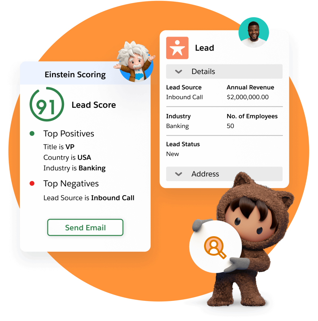 Astro holds a Martketing icon while standing in front of a customer journey flow in Engagement Studio