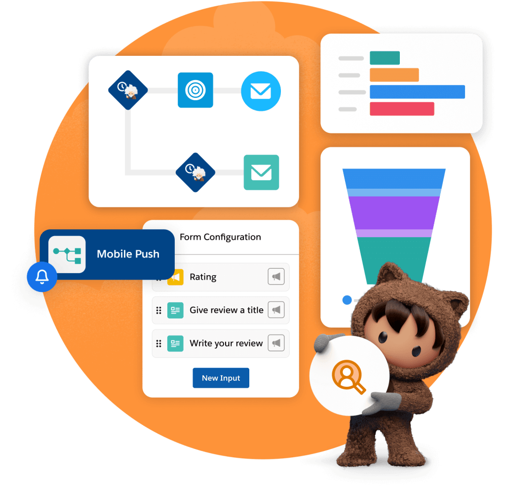 Astro holding a Marketing Cloud icon, standing in front of a Marketing Cloud Engagement Interface 