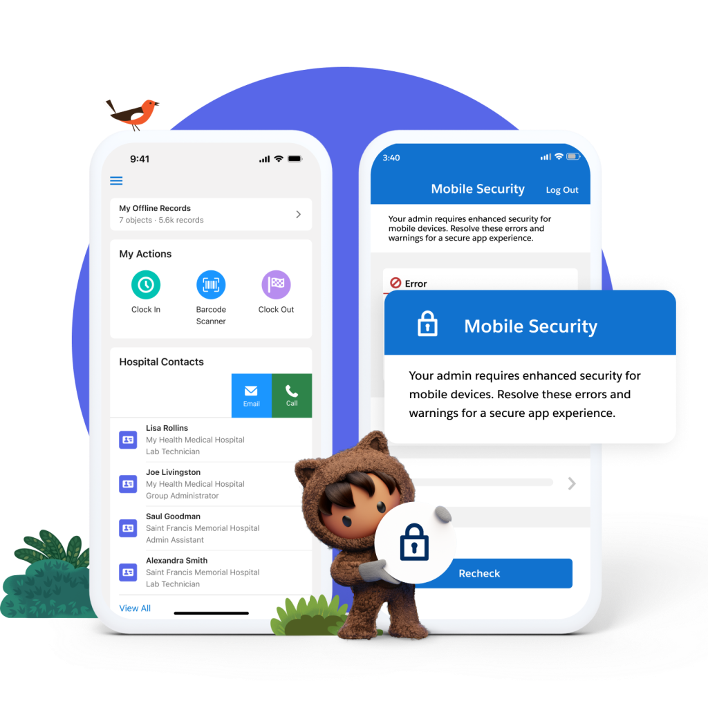 Astro holding the privacy centre logo. Two mobile phone screens behind him. One showing hospital contacts and the other showing mobile security. Bushes and a bird in the background.