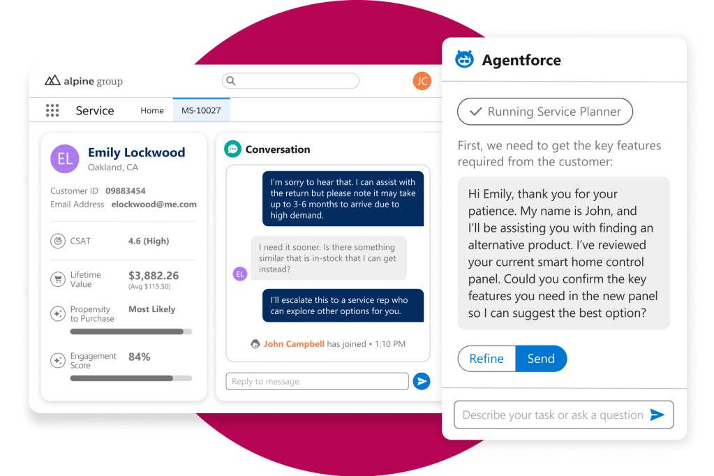 Service Console showing a support conversation powered by Agentforce.
