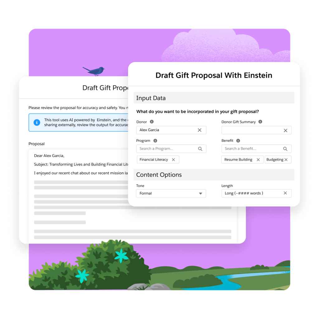 A user drafting a gift proposal with AI-powered Einstein platform.