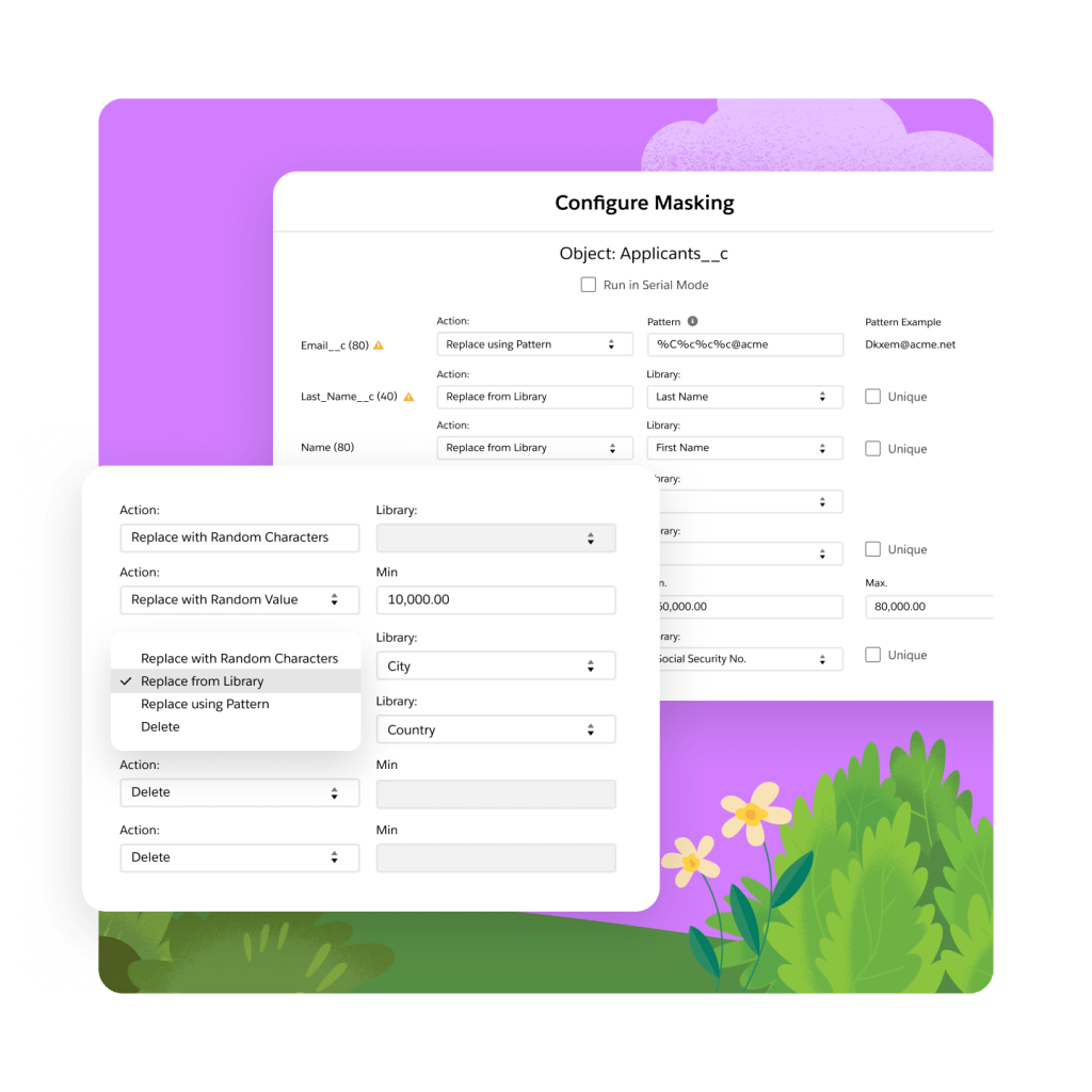 A dashboard for Salesforce Data Mask with an interface to manage customer details.