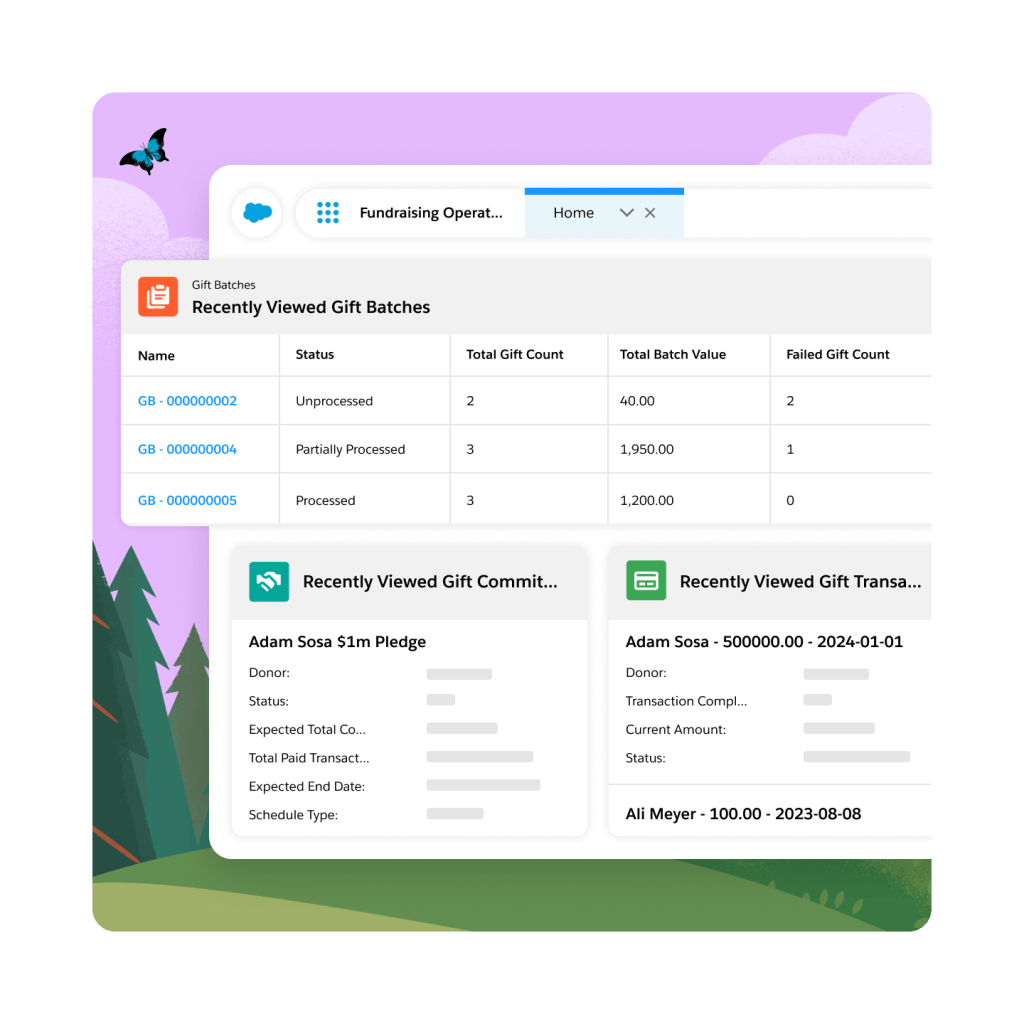 A fundraising operations dashboard with focus on recently viewed gift batches.