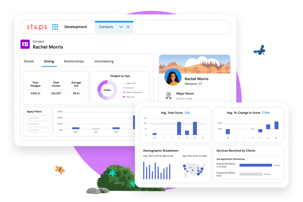 A non-profit employee working on a system analysing a dashboard with reports.