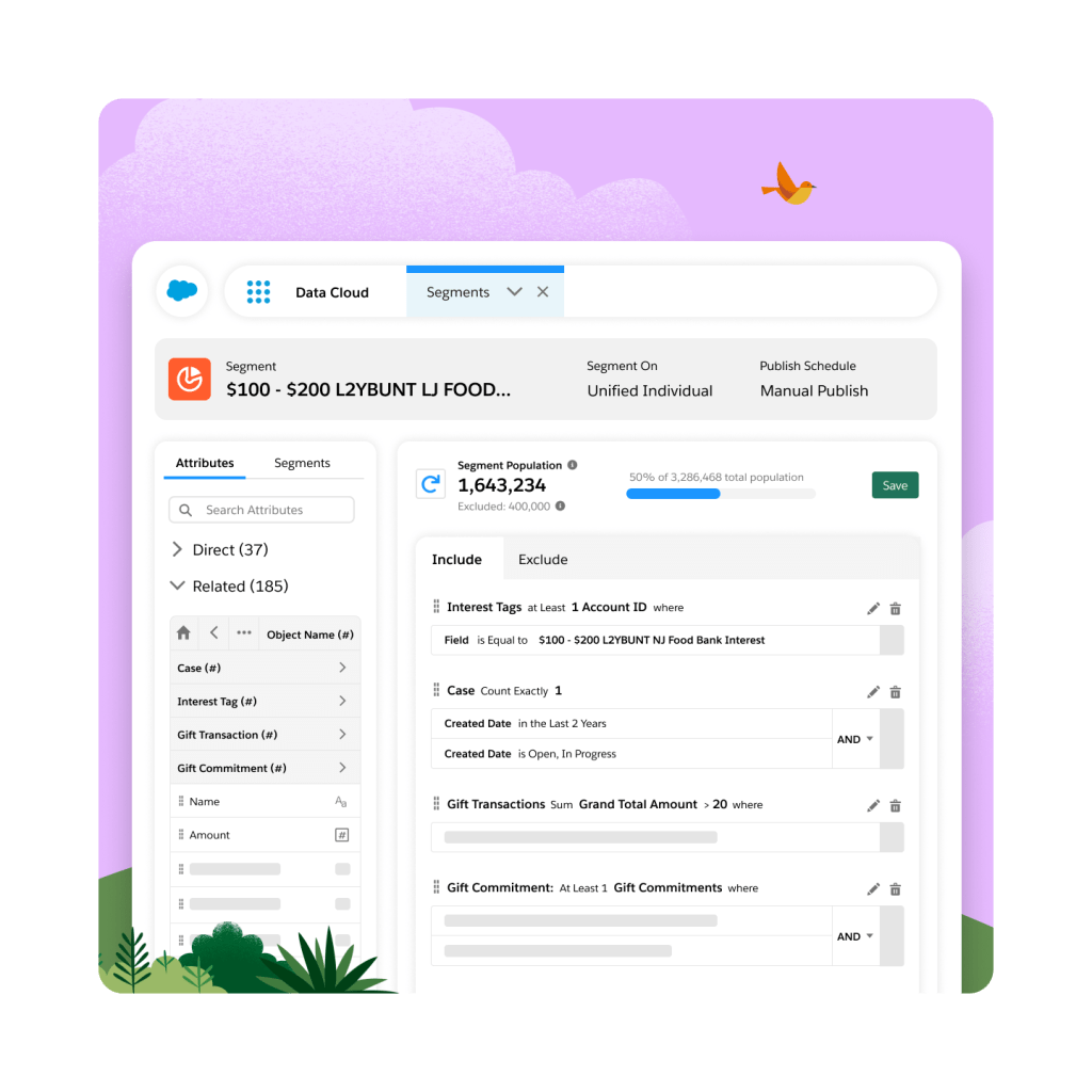 A dashboard showing segments based on interest tags, cases and gift transactions.