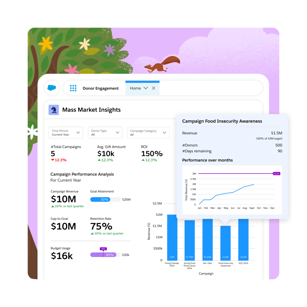 A dahsboard for donor engagement with focus on mass market insights.