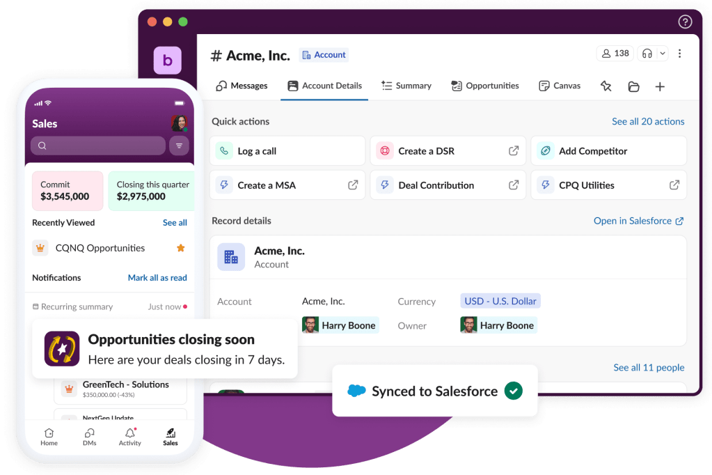 Collage of Salesforce channel, Slack Sales Elevate on mobile app, alerts about opportunities closing and syncing to Salesforce.