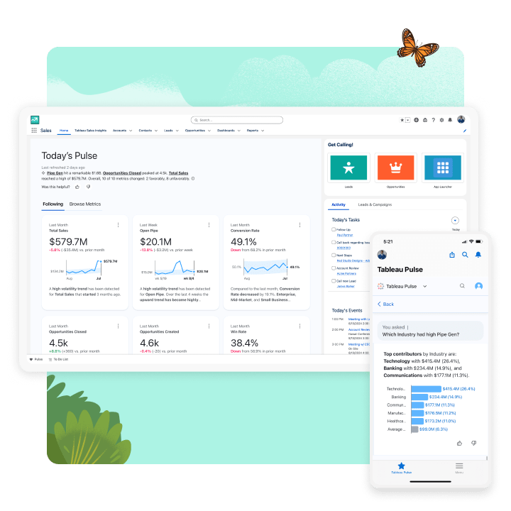 A window shows account health and accounts with upside by name, engagement score, win rate, products purchased and pipeline.