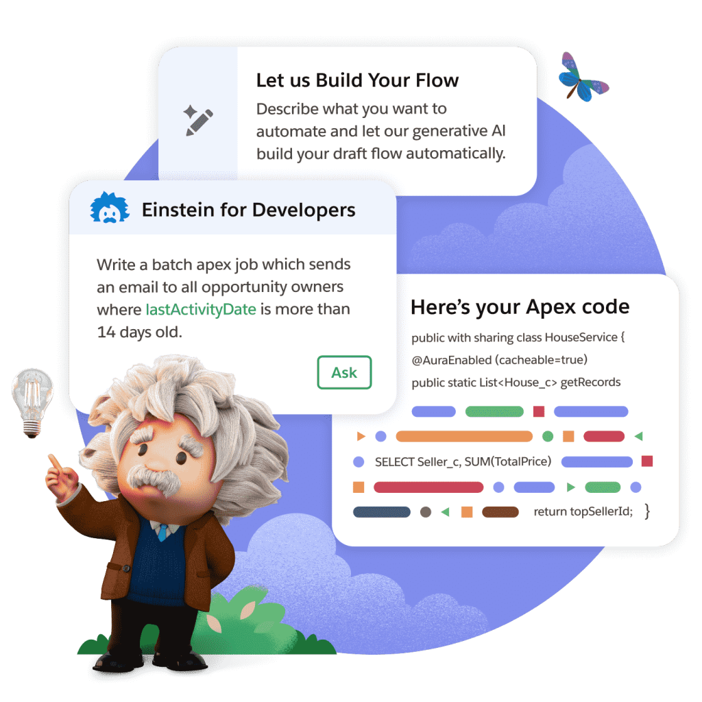 Astro is holding the Einstein logo, standing in front of windows displaying Einstein AI's capabilities.