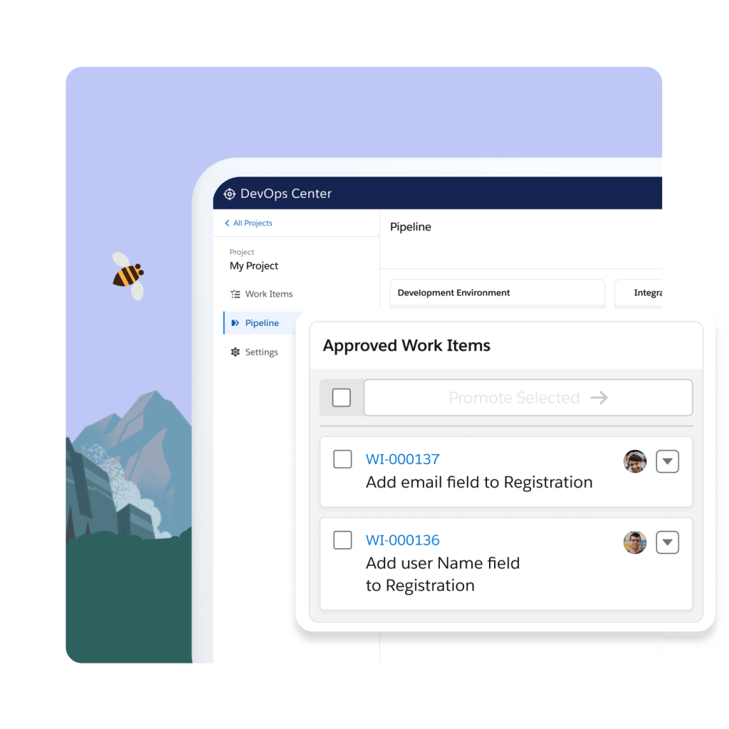 The Dev Ops Centre with the pipeline page open and an approved work items window. A mountain range and a bumblebee in the background. 