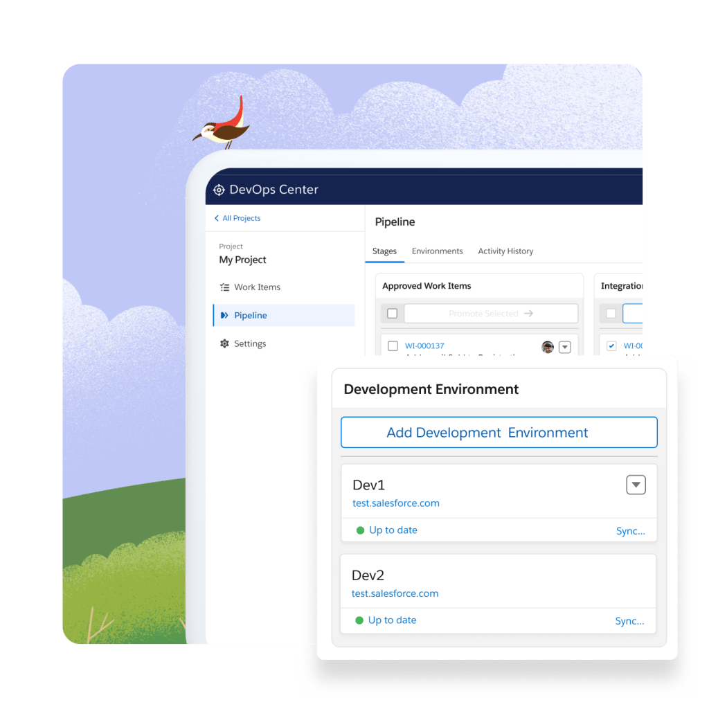 The Dev Ops Centre with the pipeline page open and a Development environment window. A hillside with blue skies and a perched bird in the background.