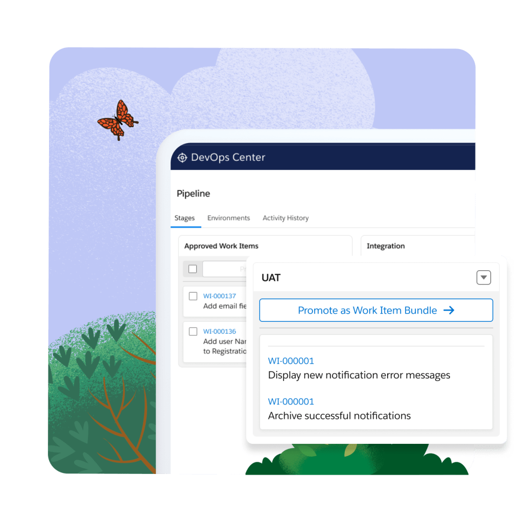 The Dev Ops Centre with the Pipeline page open and an UAT window. Treetops and a butterfly in the background.