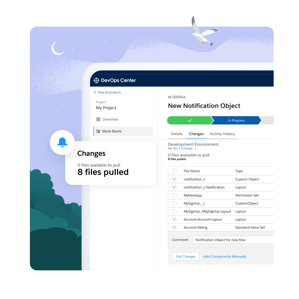 The Dev Ops Centre page open with a notification labelled "changes. 8 files pulled." Treetops, a crescent moon and a seagull in the background. 