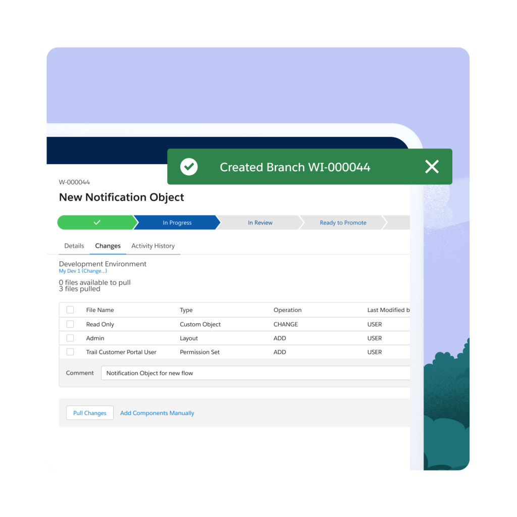 Treetops in the background. A New Notification Object page open with a confirmation labelled "Created Branch WI-000044."