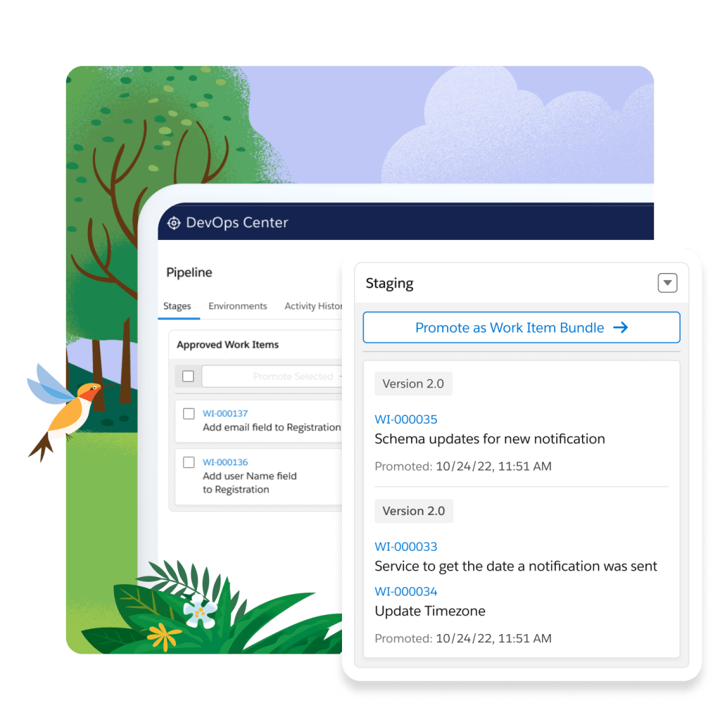 The Dev Ops Centre with the pipeline page open and a staging window. A hummingbirds, a tropical bush and several trees in the background.
