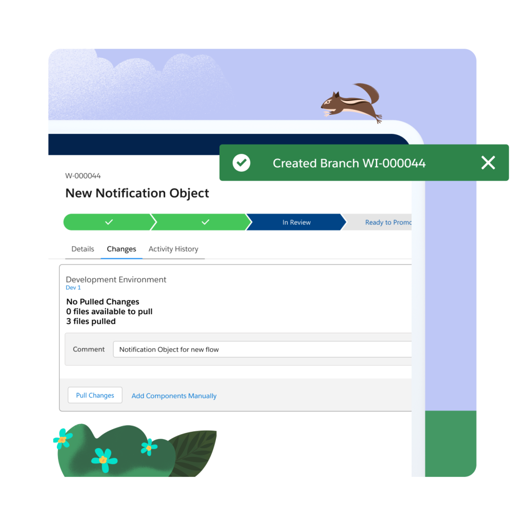 The Dev Ops Centre showing a page with changes to the development environment. A tropical bush in the background and a chipmunk running across the webpage. 
