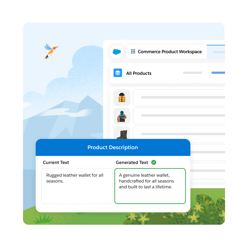 A product description window showing current vs. generated text. Bushes, mountains, and a bird in the background. 