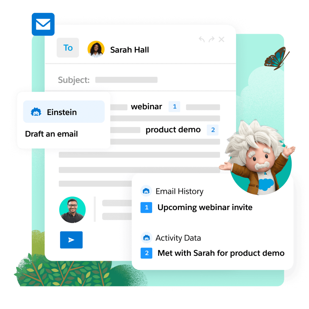 Windows show popups showing Einstein's scheduling abilities in Outlook. 
