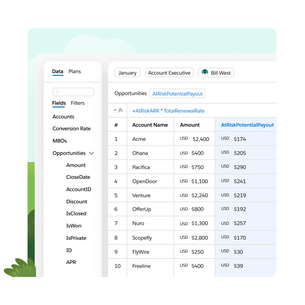 Window shows opportunity data brought in automatically to calculate fields in commission plans.