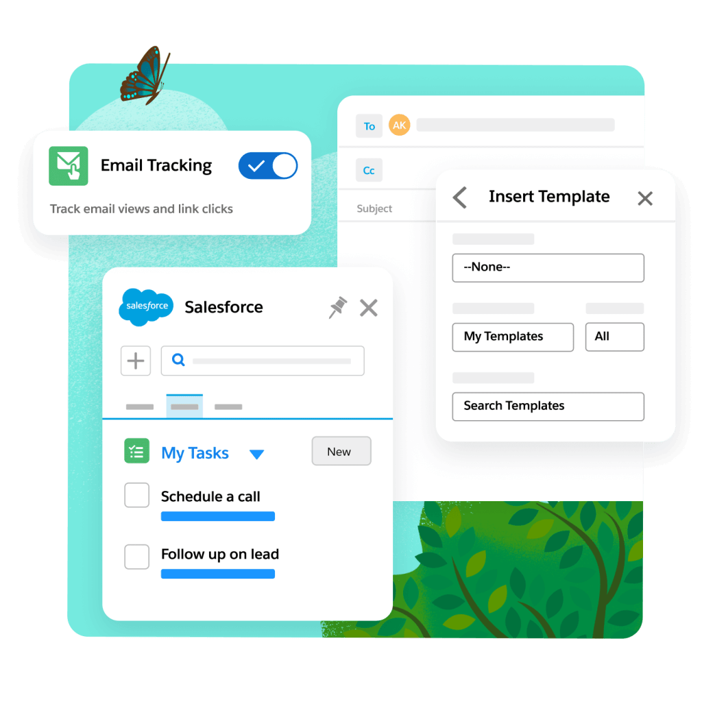A dashboard displays engaged email tracking, a list of tasks for a specific lead and a drop-down email template builder.