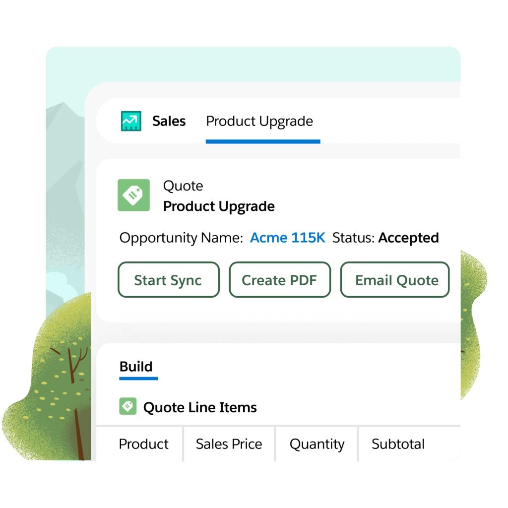 A tab shows an opportunity's product upgrade, status, buttons to start sync, create pdf, email quote, and quote line items.