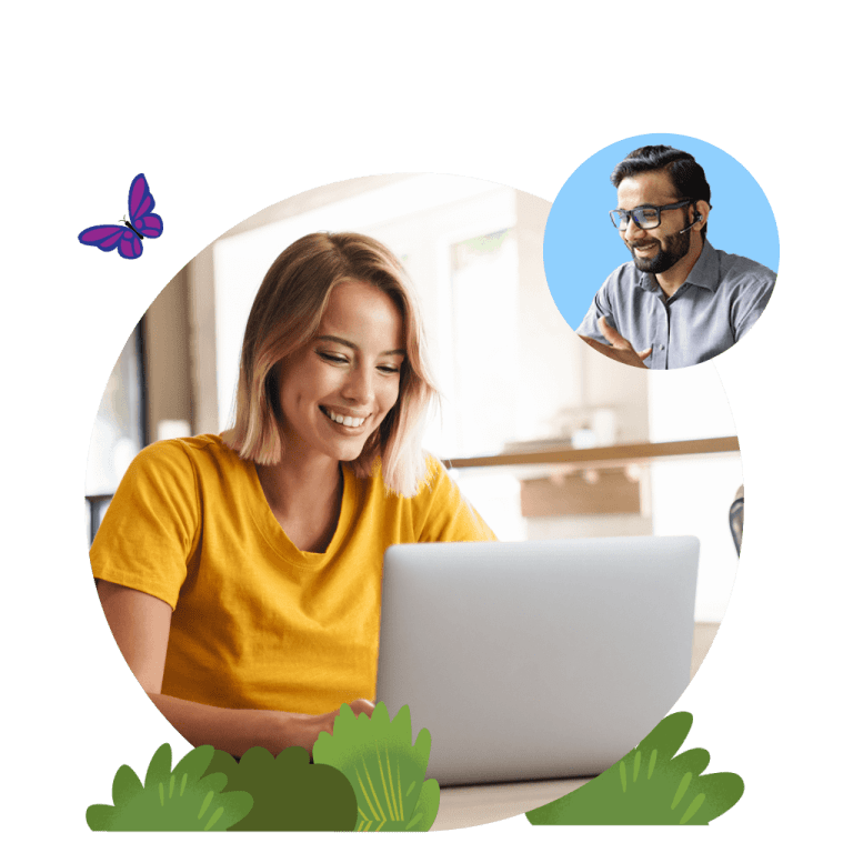 A smiling woman sitting in front of a computer chats with a support representative.