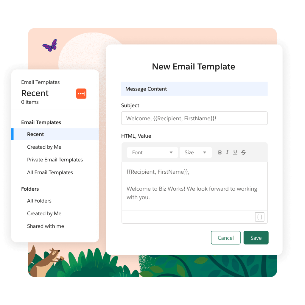 One window shows email builder template options and another shows a built out offer email.