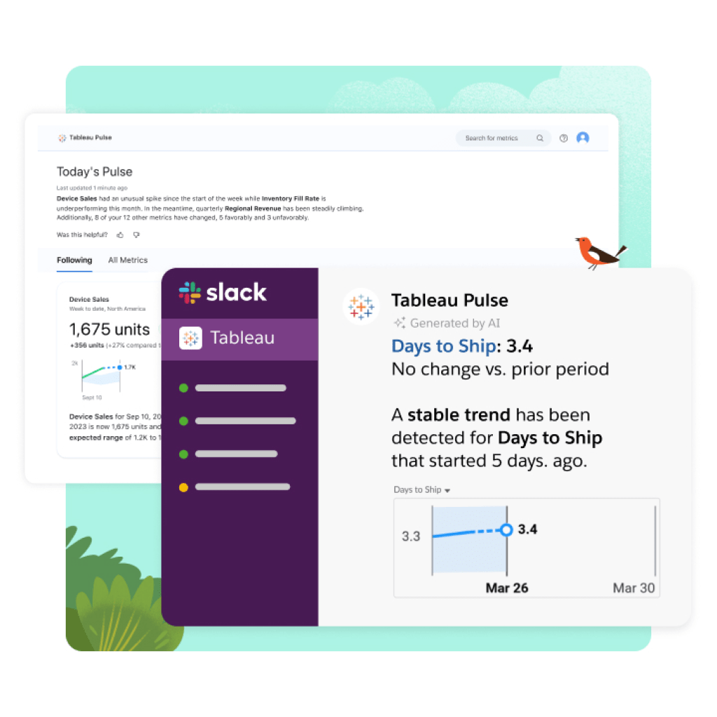 Tableau Pulse UI: Today's Pulse insight summary with zoom in on Slack notification from Tableau (generated by AI) with insight summary