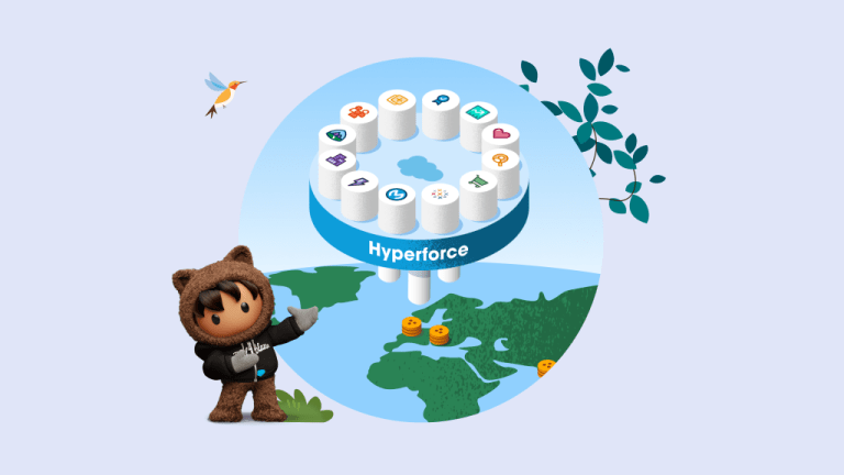 Astro wearing a Trailblazer hoodie, gesturing to the Hyperforce logo over a map of Europe.
