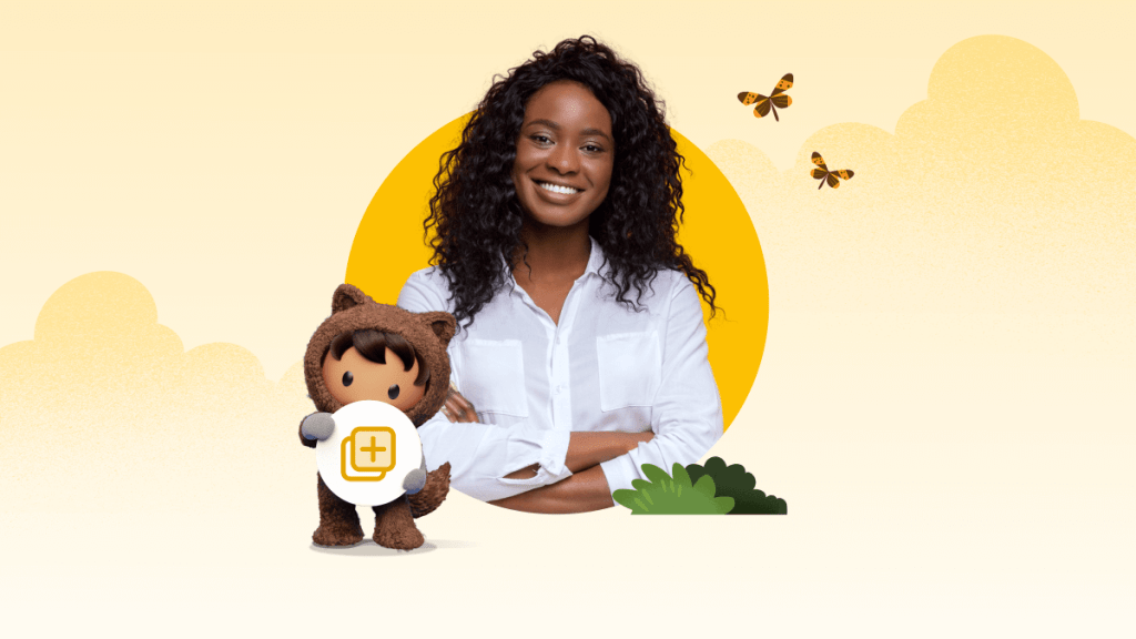 A Salesforce customer wearing white. To the right is Astro with the Salesforce Partner icon.