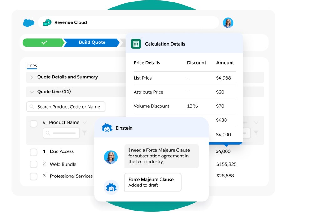 Windows show quote builder template and popouts for calculation breakdowns and Einstein AI to add sections to the quote.