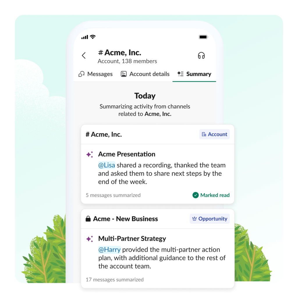 The power of generative Slack summariies is highligted, with key takeaways captured to catch employees up quickly.