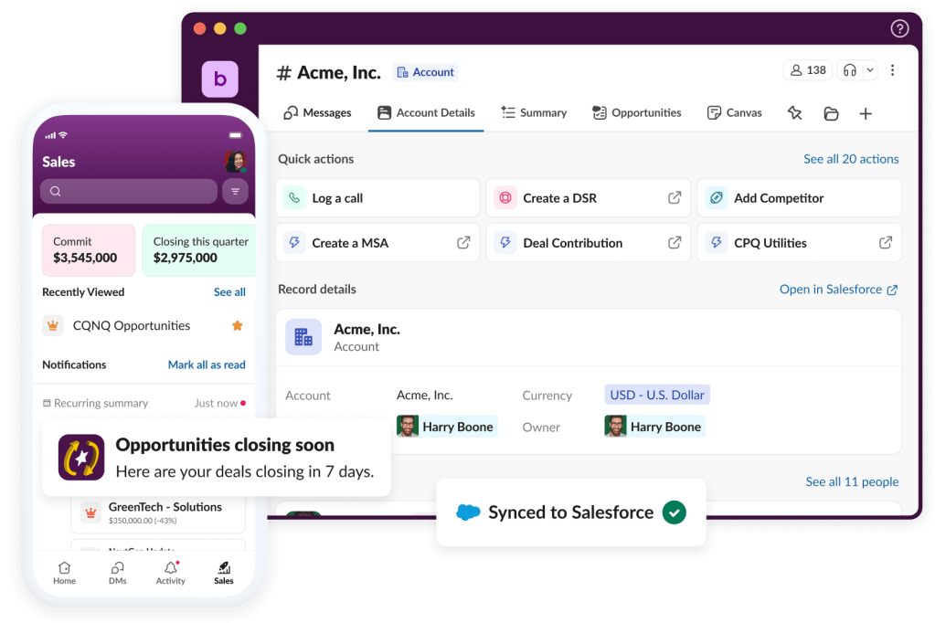 Salesforce data is shown directly integrated into the Slack app, with deal insights, sales notifications, deal updates, and opportunity details all featured.